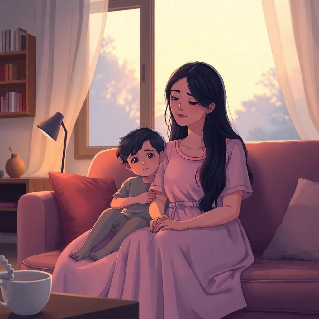 A cozy living room with Sami sitting beside his tired mother, who has long dark hair and is wearing a simple dress, soft evening light coming through the window, creating an atmosphere of warmth and care, illustration, emotional scene, detailed image
