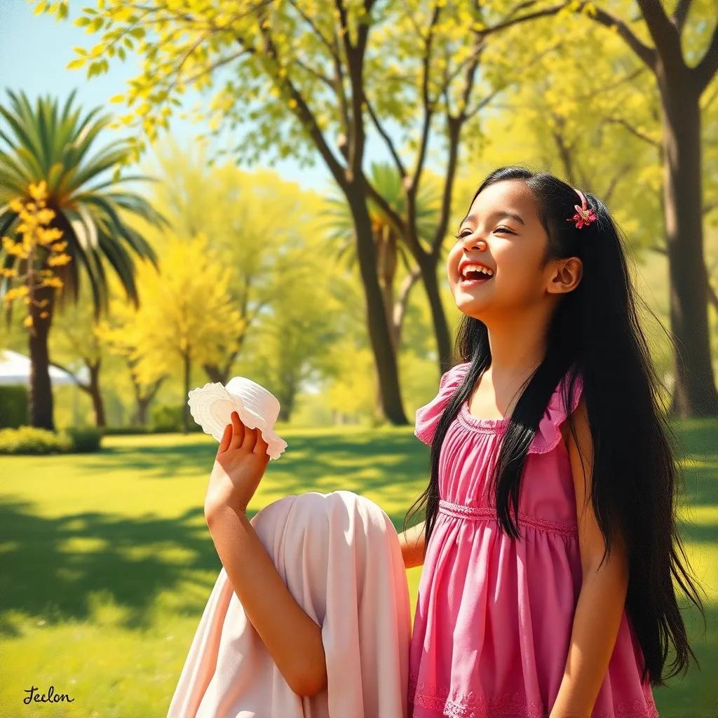 A young Arab girl, Leila, with long black hair wearing a pink dress, standing beside Sami in a sunny park, laughing and playing together, vibrant colors, joyful and playful scene, high quality