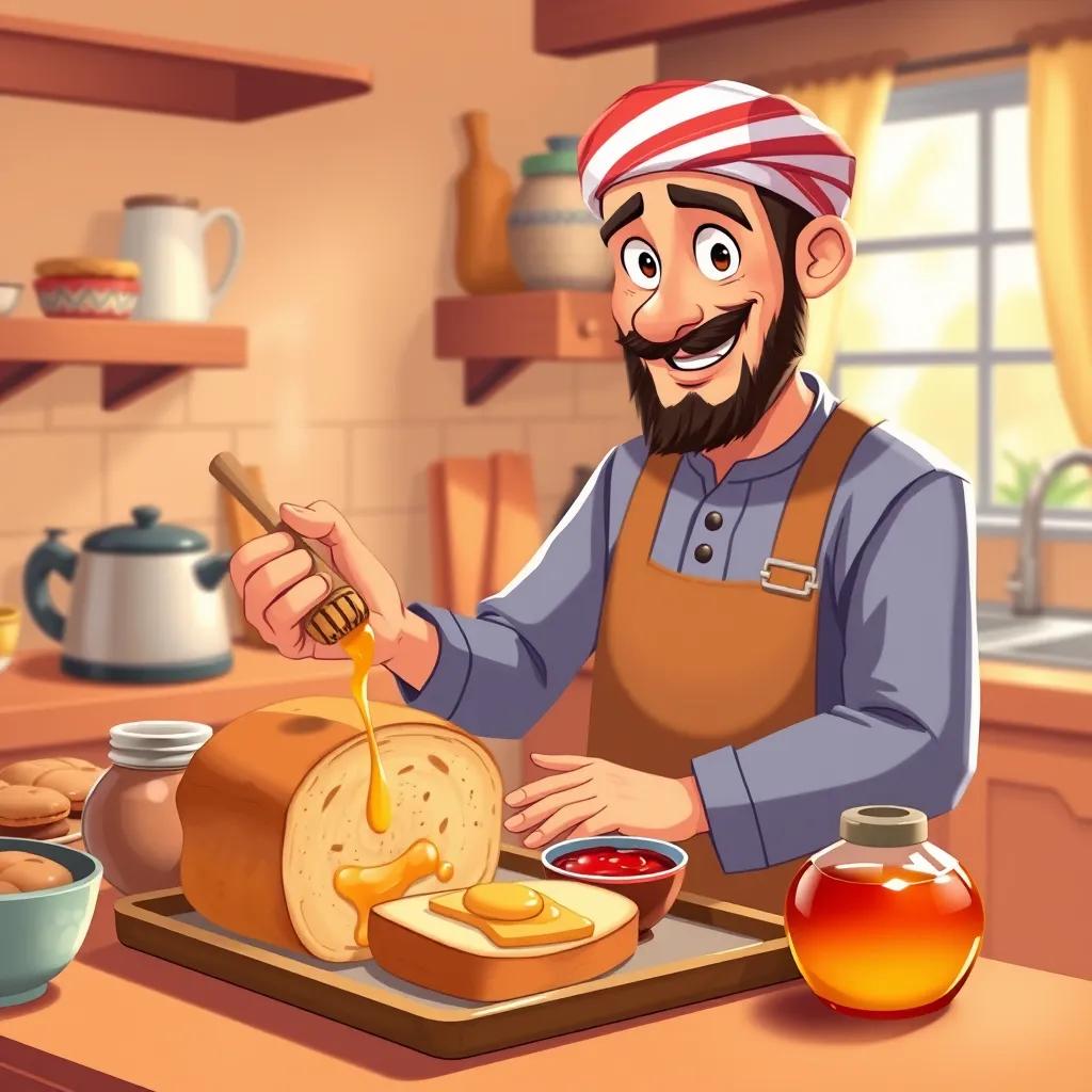 Abdulrahman preparing a delicious breakfast, fresh bread, honey, jam on a tray, warm colors, inviting kitchen, detailed art, cheerful