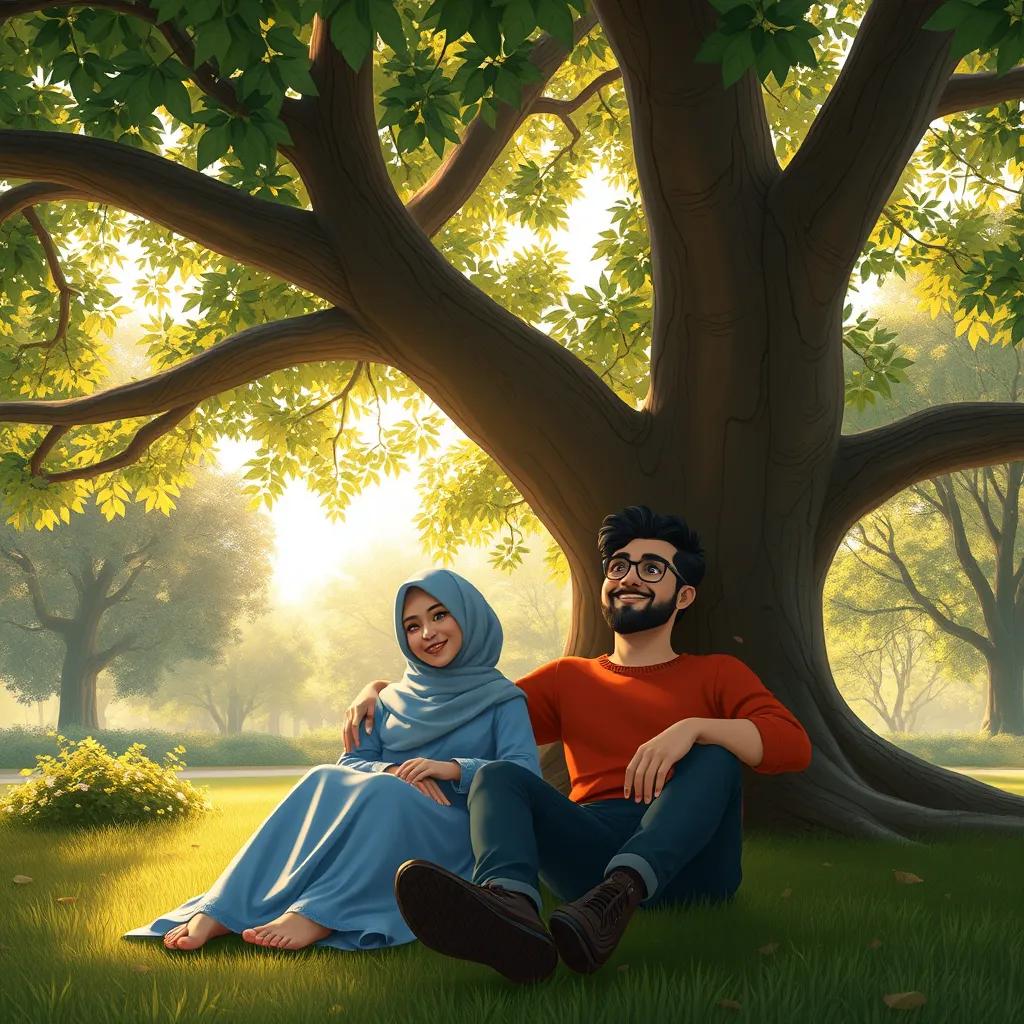 Afrah and Abdulrahman relaxing under a big tree in the park, trees around them, soft sunlight filtering through leaves, happy couple, warm atmosphere, lovely scene