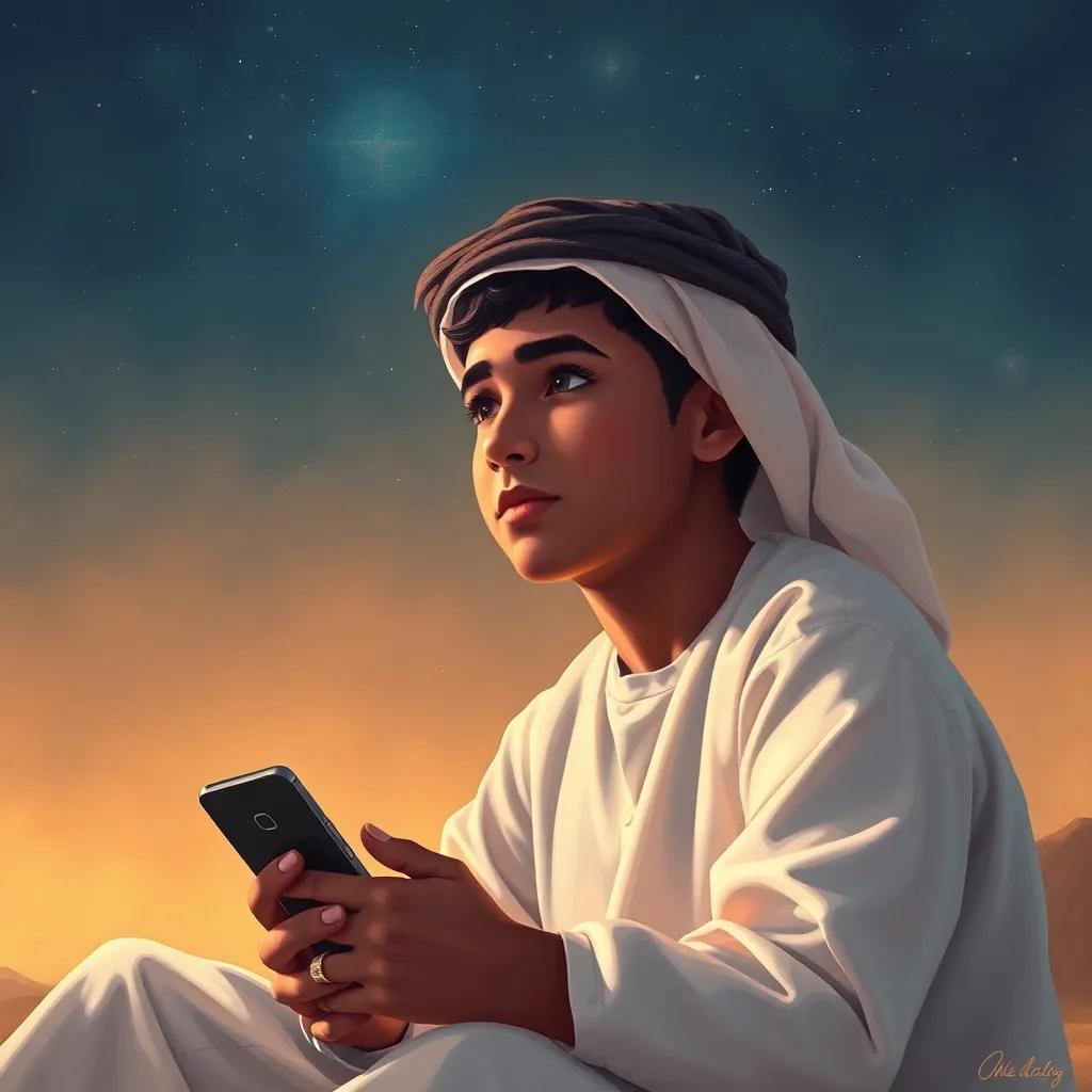 A young Saudi boy, Ahmed, with short black hair, wearing a traditional white thobe, sitting under a starry sky, holding a phone, digital art, warm colors, inviting atmosphere, high quality