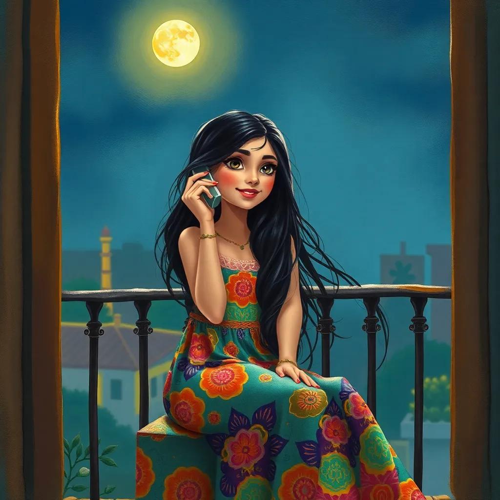 A young Egyptian girl, Samira, with long dark hair wearing a colorful dress, sitting on her balcony, talking on the phone under a soft moonlight, whimsical style, vibrant, joyful atmosphere, high quality