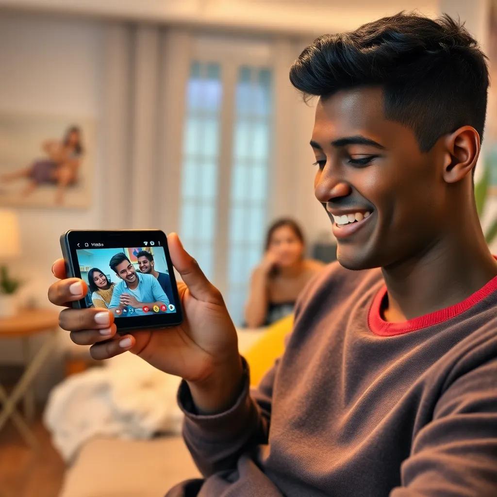 A young brown-skinned man browsing a social media site, smiling at a funny video on his phone, casual clothing, cozy room background, digital art, warm colors, friendly atmosphere, high quality