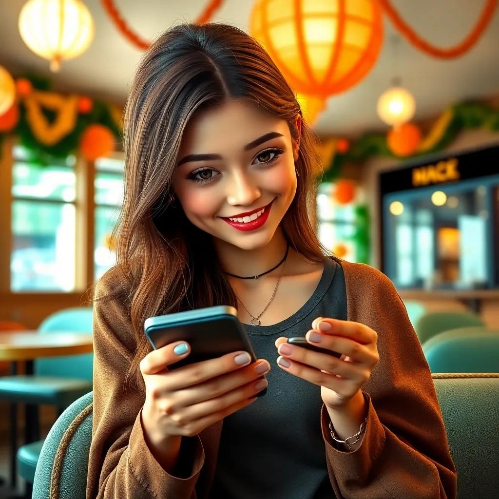 A beautiful girl with brown hair and brown eyes reading messages on her phone, wearing a stylish outfit, sitting in a bright cafe with decorations, joyful expressions, digital art, vibrant colors, inviting atmosphere, high quality