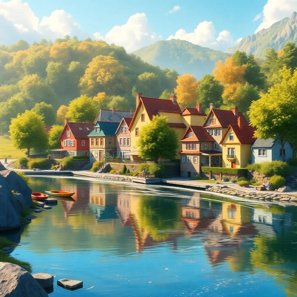 A small village by the river, with a sunny atmosphere and beautiful scenery, featuring houses with bright colors, trees, and a shimmering river, digital art, warm colors, inviting atmosphere, high quality