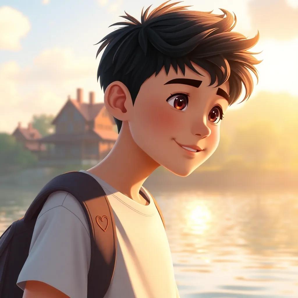 A young man, يوسف, with a hopeful expression, standing by the river, wearing casual clothes, with a heart full of love, looking towards a distant house, sunshine, soft light, vibrant colors, longing scene, digital art, high quality