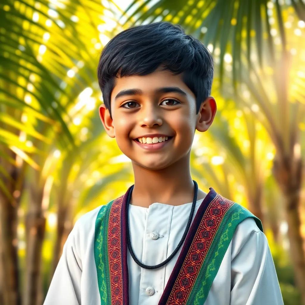 A young Omani boy, Sami, with short black hair wearing a traditional dishdasha and a colorful kumma, standing in a lush green palm grove with bright sunlight filtering through the trees, cheerful expression, vibrant colors, warm atmosphere, digital art, highly detailed, joyful