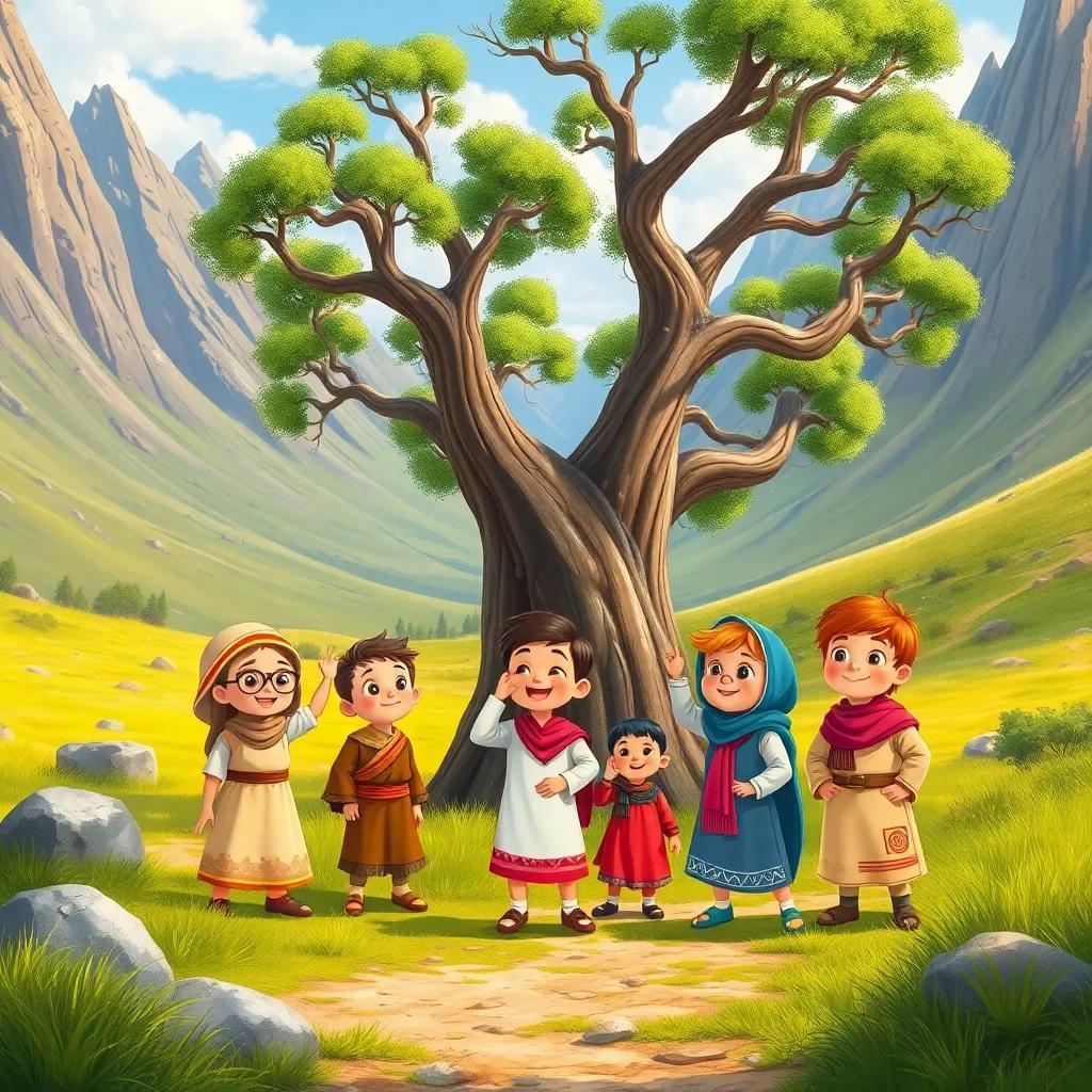 A group of children, including Sami and his friends, exploring a valley with a big tree, wearing traditional clothes, excitedly pointing at the tree, surrounded by mountains, playful and friendly environment, bright colors, illustration, whimsical, child-friendly