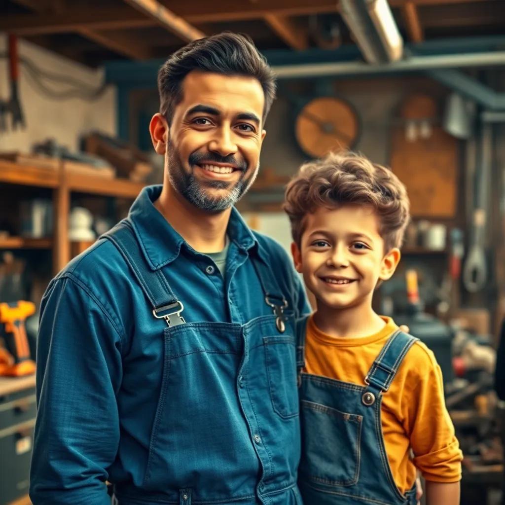 A kind man, Omar, with short black hair, wearing a blue work shirt and overalls, with his son Youssef, a cheerful boy with curly hair, in a rustic car workshop filled with tools, digital art, warm colors, friendly atmosphere, inviting perspectives, high quality