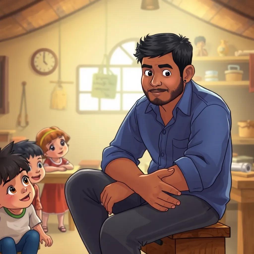 Omar, a patient man with short black hair in a blue shirt, sitting on a workbench with a hurt hand, surrounded by children in a small workshop, illustration, emotional tones, engaging visuals, heartwarming surroundings, storybook style