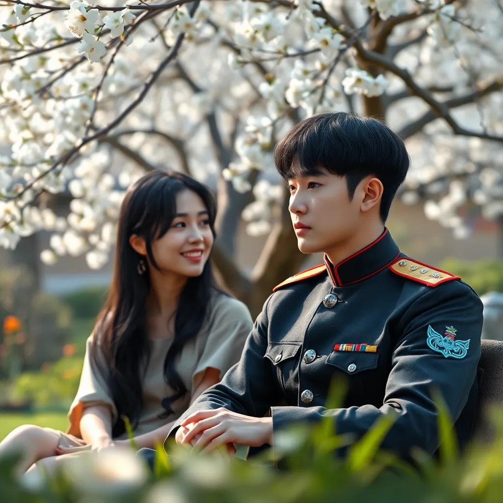 A young Korean general, Jeon Jungkook, with short black hair and olive skin tone, wearing a military uniform, sitting in a garden, talking to his cousin, a beautiful girl with long black hair wearing a casual dress, under a blooming tree, digital art, warm colors, inviting atmosphere, high quality