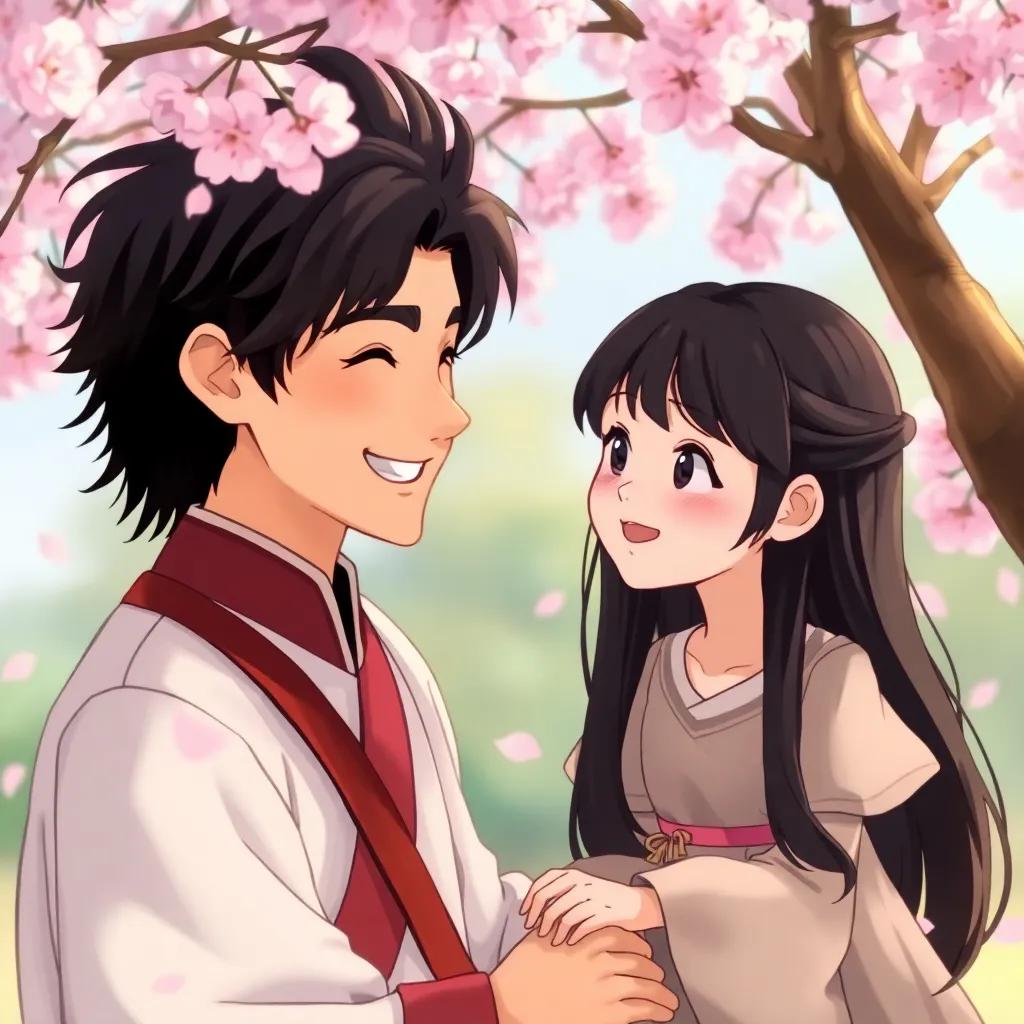 A young Korean general, Jeon Jungkook, with short black hair and olive skin tone, smiling at his cousin, a girl named Joestitia with long black hair in a casual dress, sitting under a branches of a cherry blossom tree, surrounded by pink petals, illustration, cheerful, warm light, child-friendly