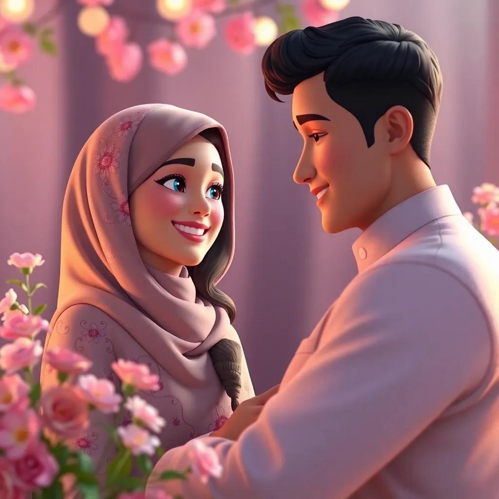 Najwa, a young Arab woman, smiling warmly at Muhammad, 26 years old, in a romantic setting with flowers and soft lighting, capturing a special moment, beautiful colors, heartfelt scene