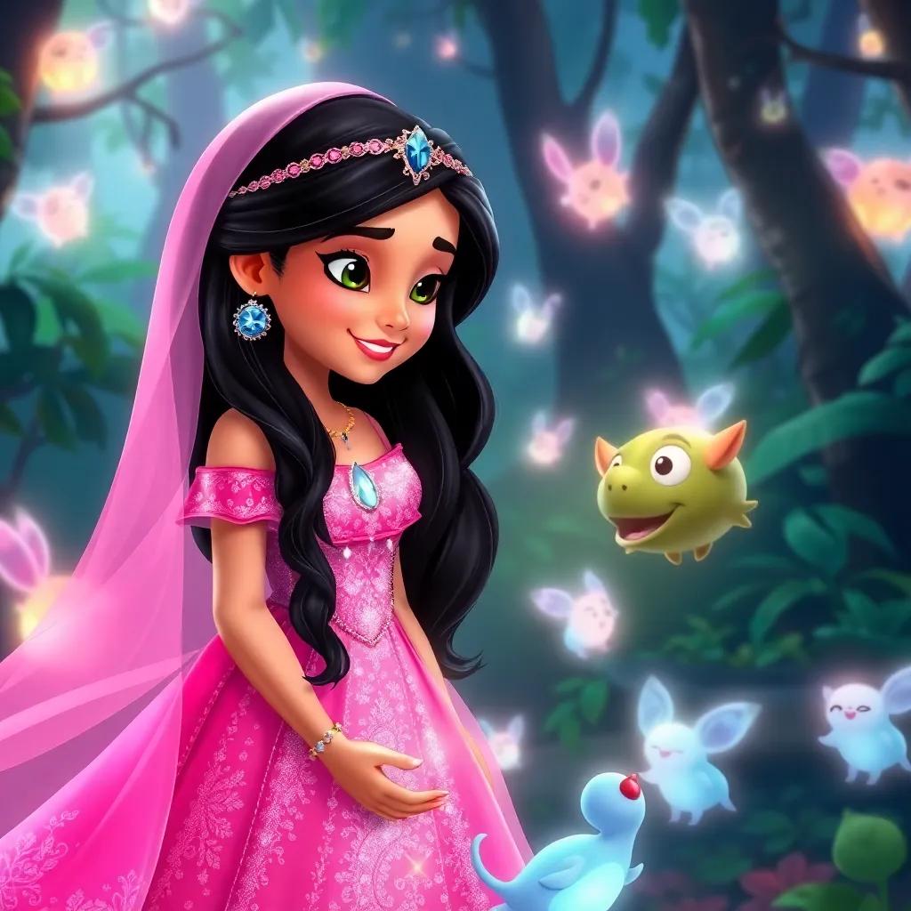 Lina, a lovely young Arab princess with long black hair, wearing a sparkling pink dress, surrounded by magical glowing creatures, talking to Samy in the forest, cheerful and enchanting scene, bright colors, joyful mood