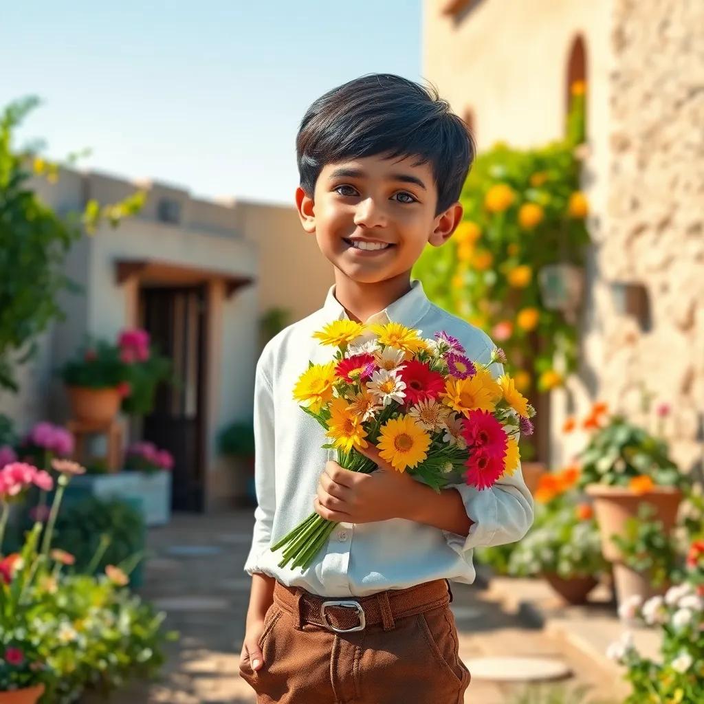 A young Arab boy, Amer, with short black hair, wearing a simple white shirt and brown trousers, standing in a sunny village holding a colorful bouquet of flowers, surrounded by greenery and flowers, cheerful atmosphere, digital art, bright colors, inviting scene, high quality