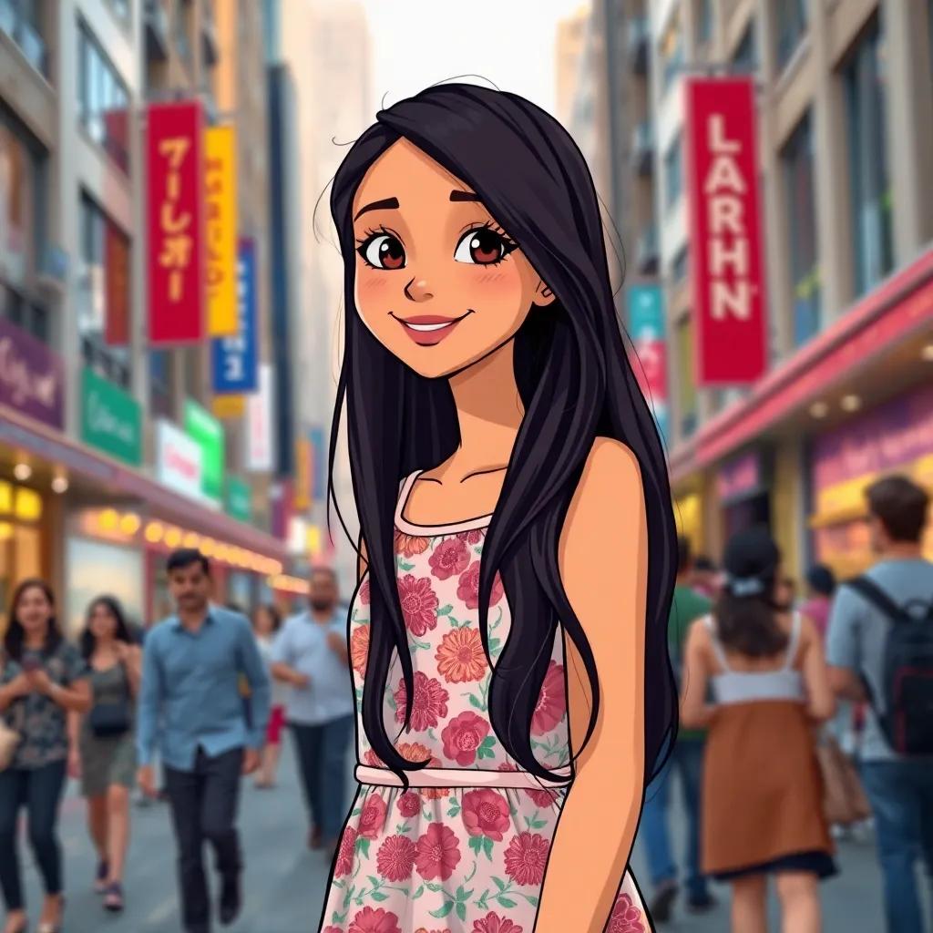 A young Arab girl, Lina, with long dark hair, wearing a beautiful dress standing in a busy city street with tall buildings and happy people around, joyful expression, vibrant atmosphere, illustration, colorful, friendly, high quality