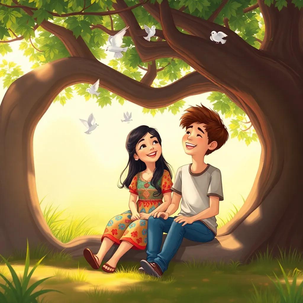In a small village, Shams, a beautiful young girl with long black hair wearing a colorful dress, sitting under a big tree with Sami, a smart boy with short brown hair wearing a t-shirt and jeans, laughing together as birds chirp around them, digital art, cheerful colors, warm sunlight, heartwarming atmosphere, high quality