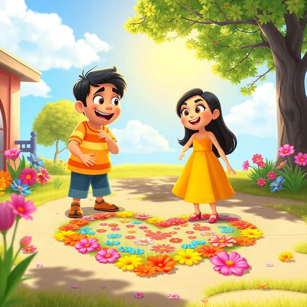A sunny day with Sami surprising Shams by drawing a big heart on the ground with colorful flowers, Shams gasping in delight wearing a bright summer dress, excited and joyful, bright and vibrant colors, cheerful outdoor scene, storytelling view, fantasy
