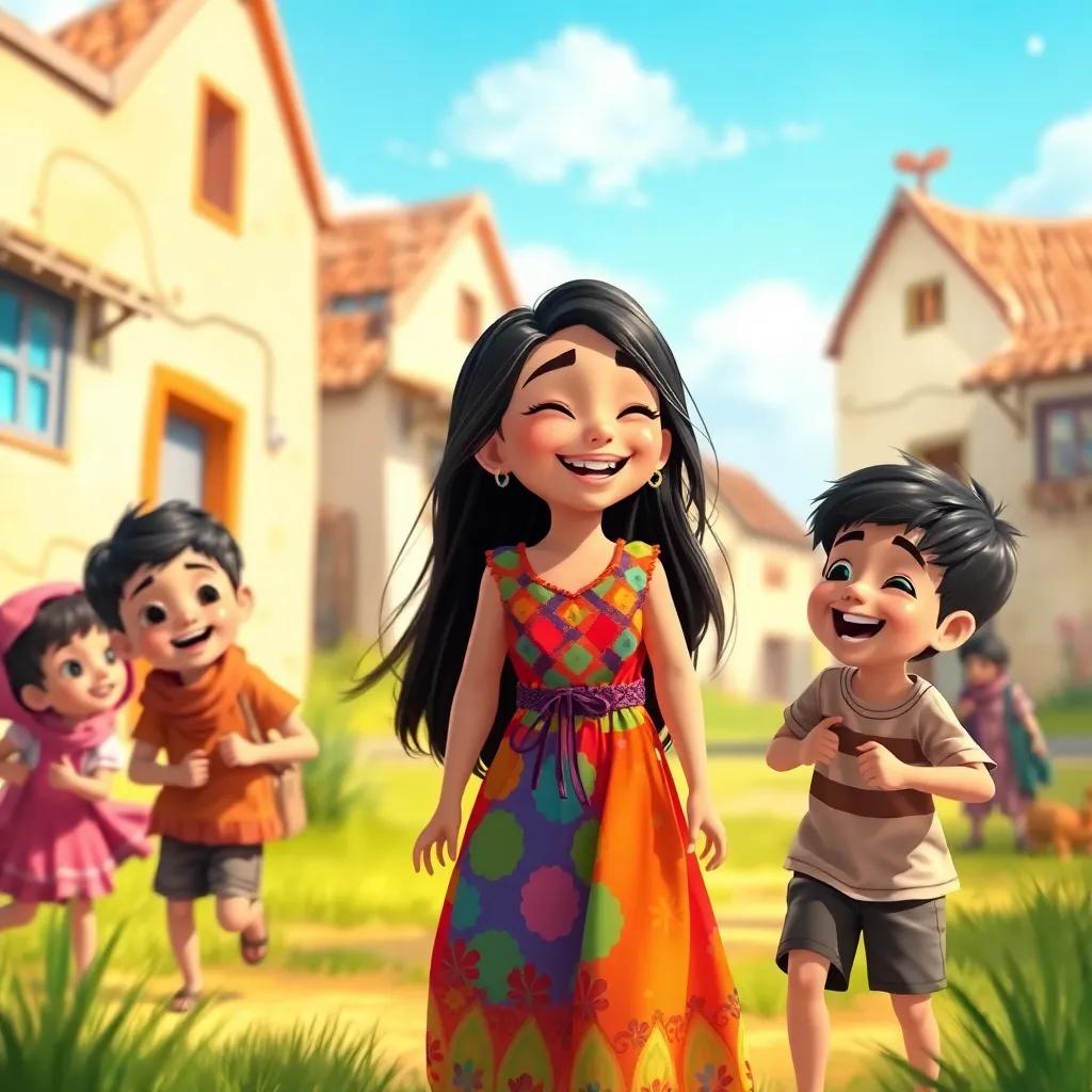 A group of children playing in a sunny village, Karamah Al-Abidi, a beautiful girl with long black hair wearing a colorful dress, laughing joyfully as two boys compete for her attention, vibrant colors, cheerful atmosphere, high quality