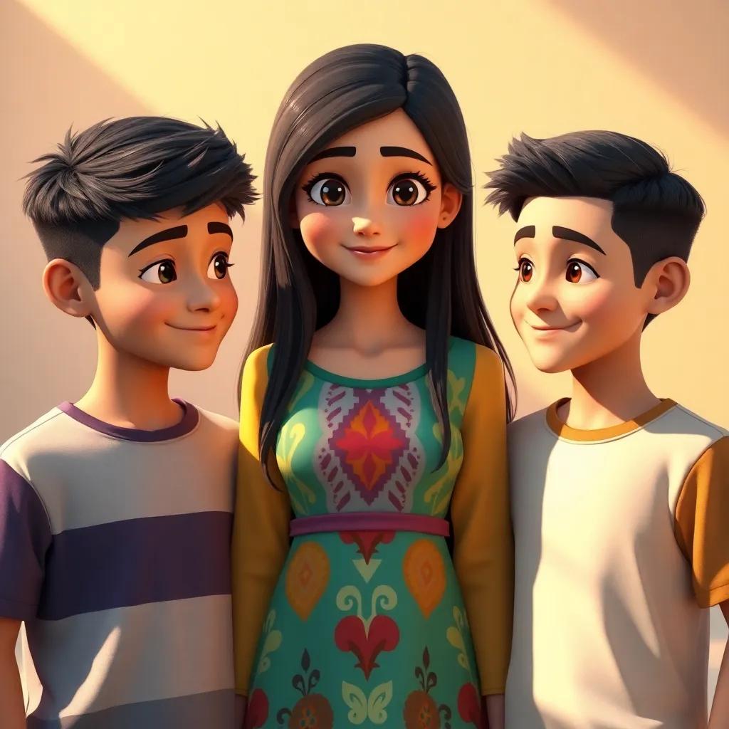 Karamah Al-Abidi, a beautiful girl with long black hair in a colorful dress, standing between two boys, Bashina and Hassani, both young men with friendly smiles, positioned protectively as they face each other, warm sunlight illuminating the scene, inviting atmosphere, high quality