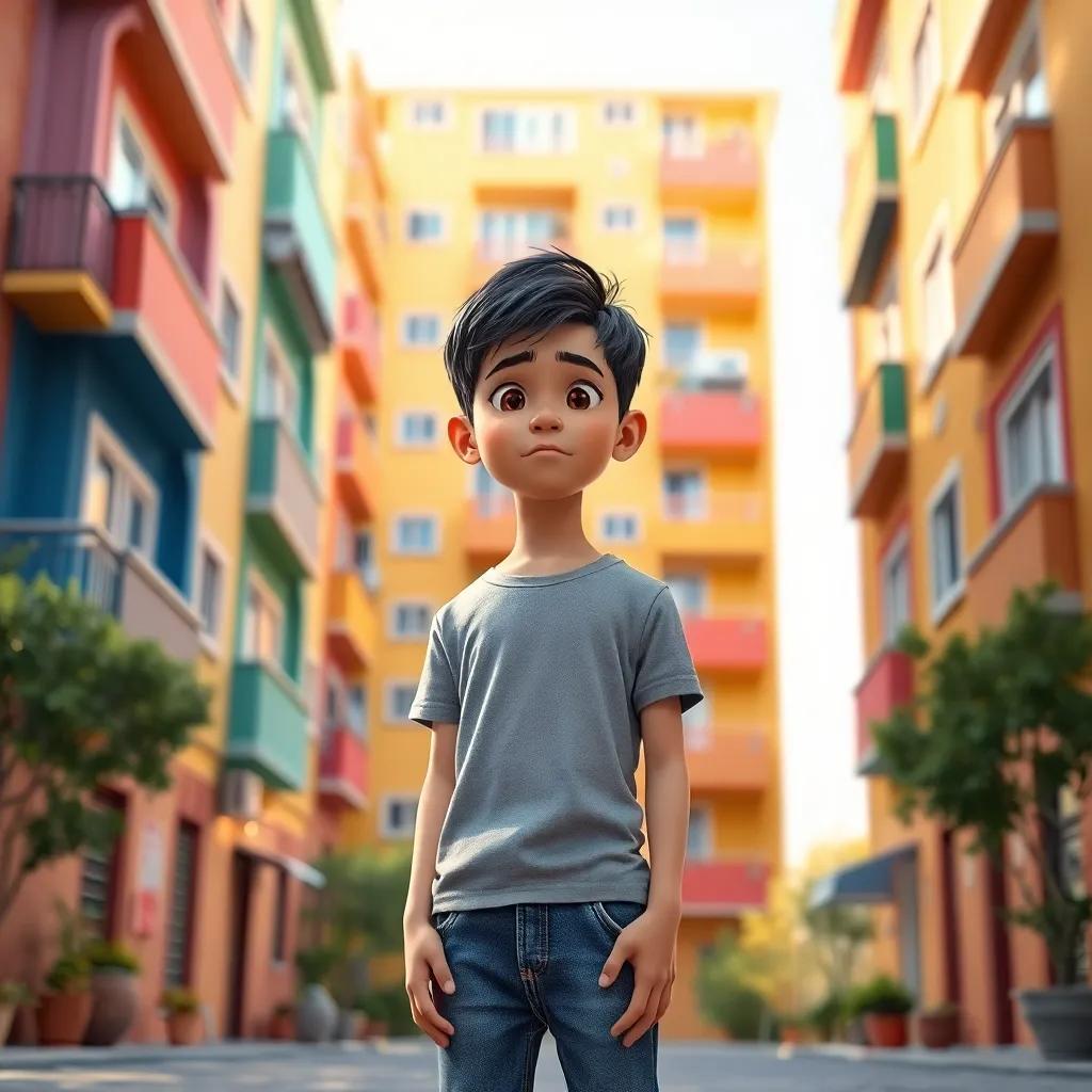 A young boy named Hassan, 12 years old, with short dark hair, wearing a simple t-shirt and jeans, standing in front of a colorful apartment building with nervous expressions, bright afternoon light, warm colors, inviting atmosphere, high quality