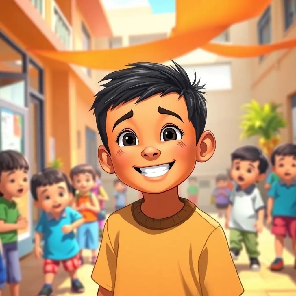 A young Arab boy, Sami, with short black hair and warm brown skin, smiling and playing in a sunny schoolyard with children around, vibrant colors, cheerful atmosphere, high quality