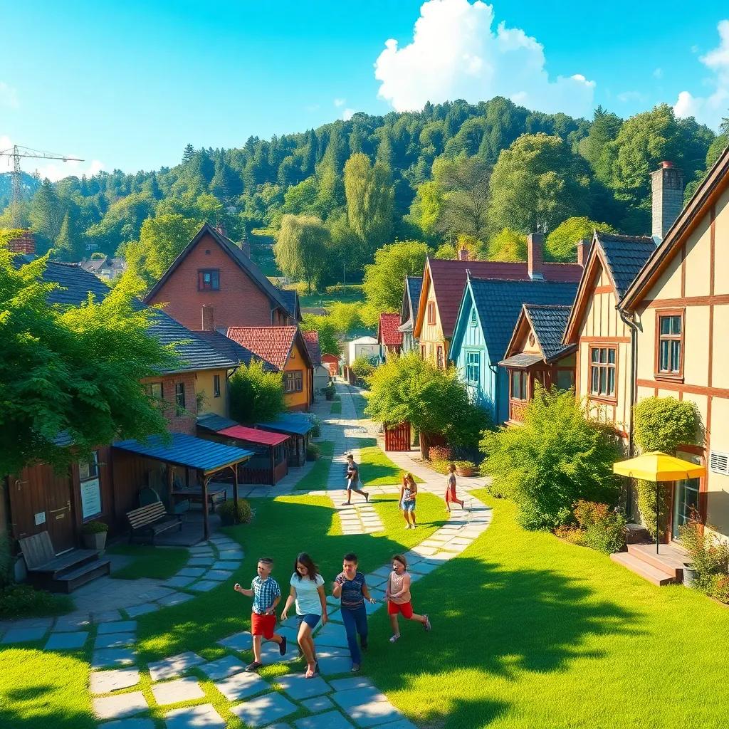 A small village with a bright green park and kids playing, cheerful atmosphere, digital art, vibrant colors, sunny day, inviting scenery, warm light