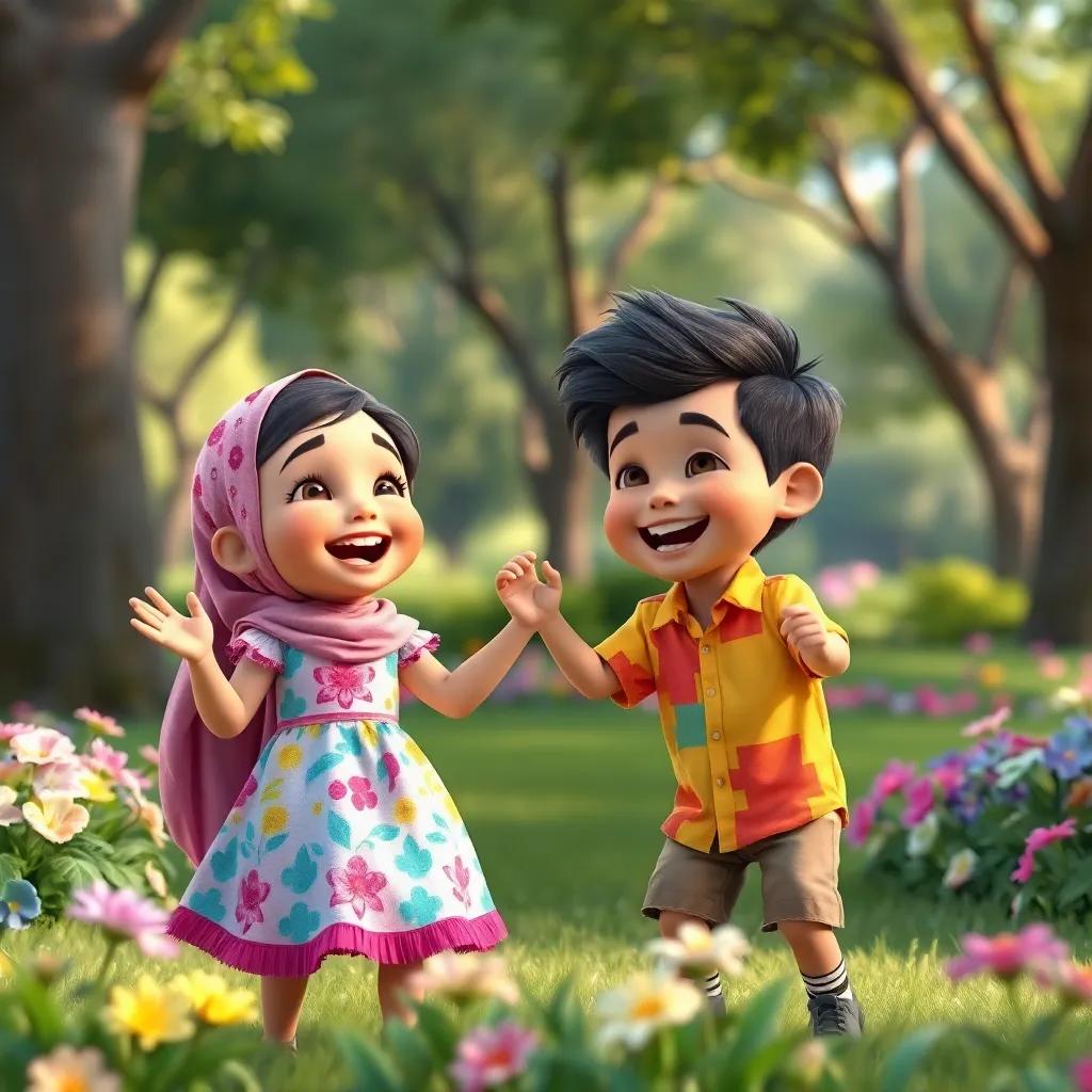 Two children, a girl named Layla wearing a colorful dress, and a boy named Badr with a bright shirt, laughing and playing together in the park, surrounded by flowers and trees, joyful, animated scene, lively