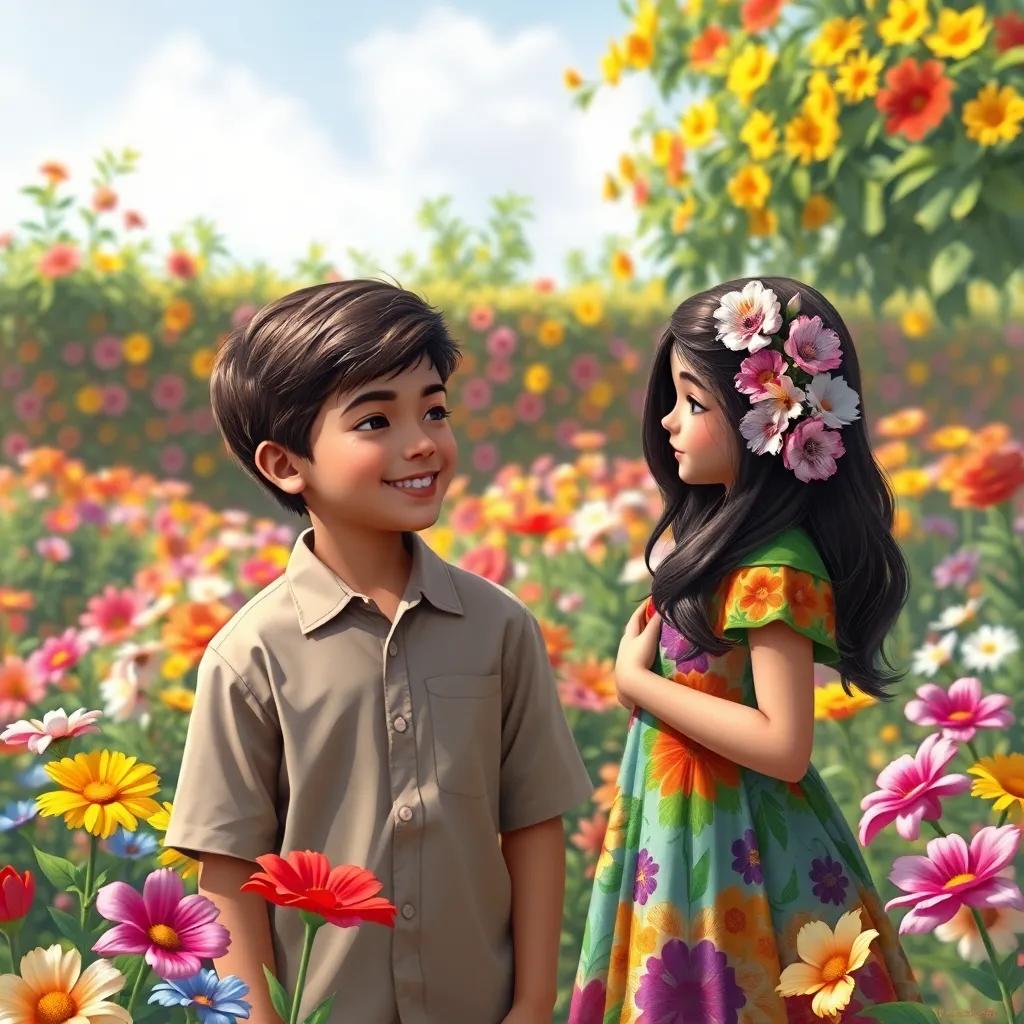 A beautiful garden filled with colorful flowers, a young Arab boy named Moamen with brown hair wearing a simple shirt, smiling and looking at a young Arab girl named Mariam with long dark hair wearing a colorful dress with flowers in her hair, joy in the atmosphere, digital art, vibrant colors, cheerful mood, high quality
