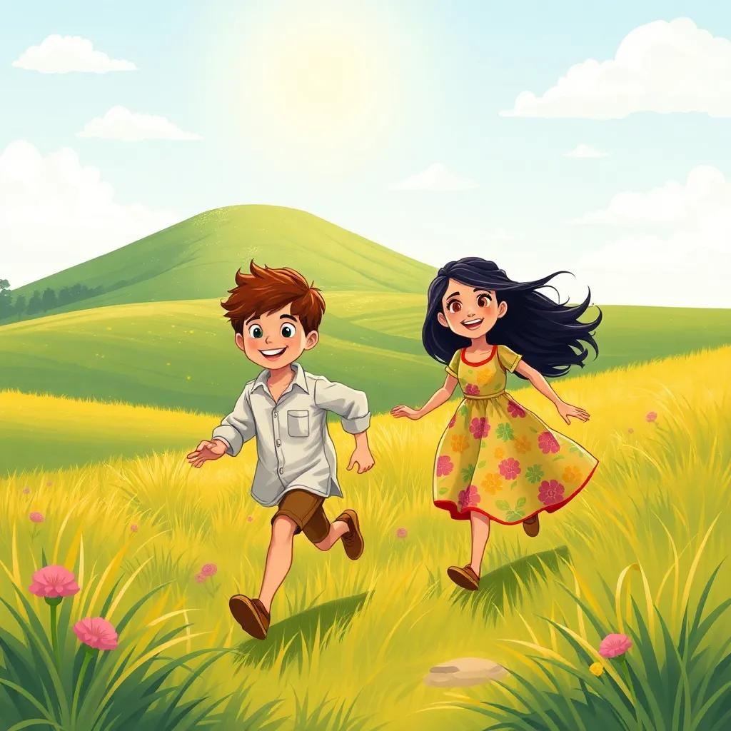 A lush green field with sunny skies, Moamen, a young Arab boy with brown hair in a simple shirt, running towards a hill with a big smile, and Mariam, a young Arab girl with long dark hair wearing a colorful dress, joyfully following him, sense of adventure, illustration, lively colors, optimistic vibe, high quality