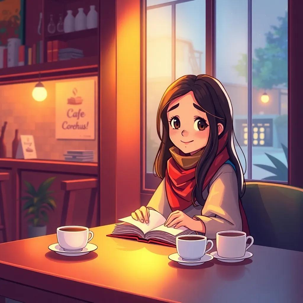A cozy café interior where a young Arab girl, ليمار, with long dark hair, wearing a colorful scarf, is sitting at a table reading a book with a smile, surrounded by warm light and coffee cups, illustration, enchanting atmosphere, inviting colors, child-friendly view, high quality