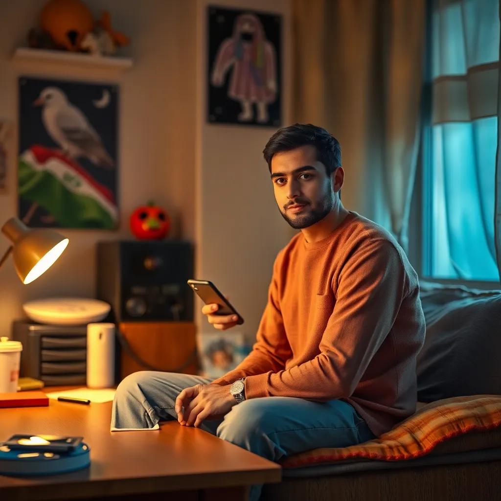 A young Arab man, Ahmad, sitting on a desk in his small room in Baghdad, holding a smartphone, looking thoughtful as he speaks to the camera, digital art, warm colors, inviting atmosphere, high quality