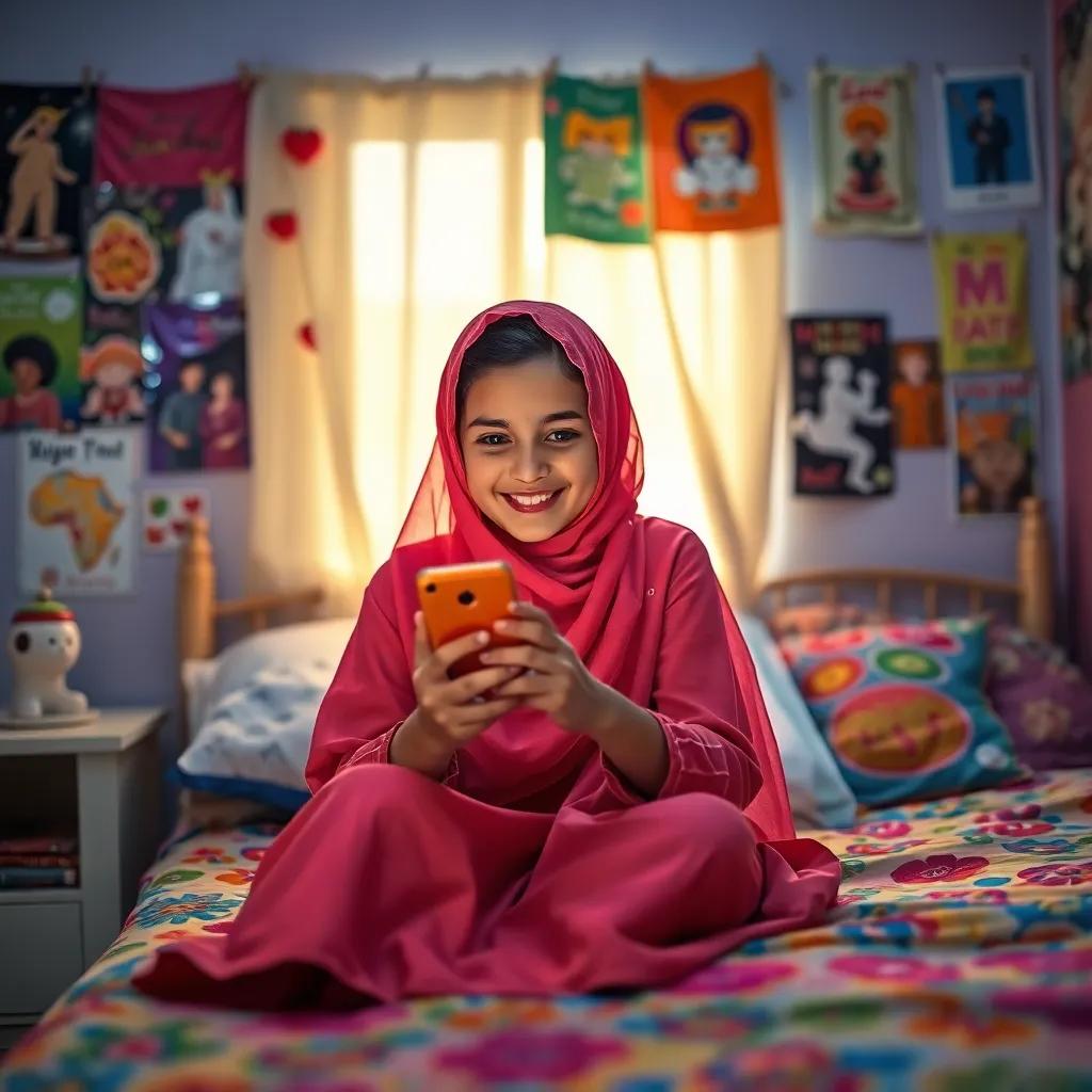 A young Arab girl, Wardah, sitting on her bed in Al-Muthanna, smiling at her smartphone, with a colorful room decorated with posters, cheerful light, vibrant colors, heartwarming scene, high quality