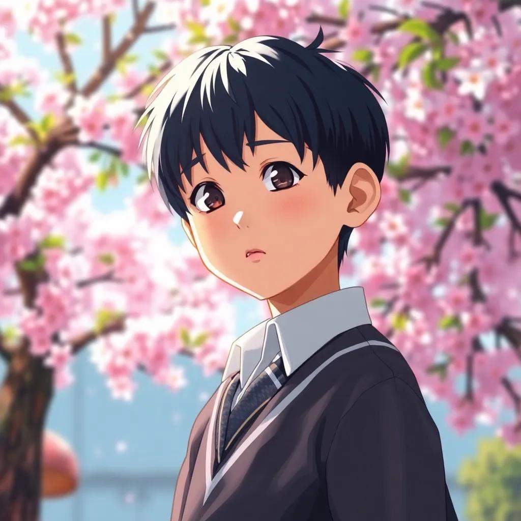 A young Japanese boy, Hiro, with short black hair and wearing a school uniform, standing nervously near a cherry blossom tree, bright sunlight shining, digital art, colorful, cheerful atmosphere, close-up view, high quality