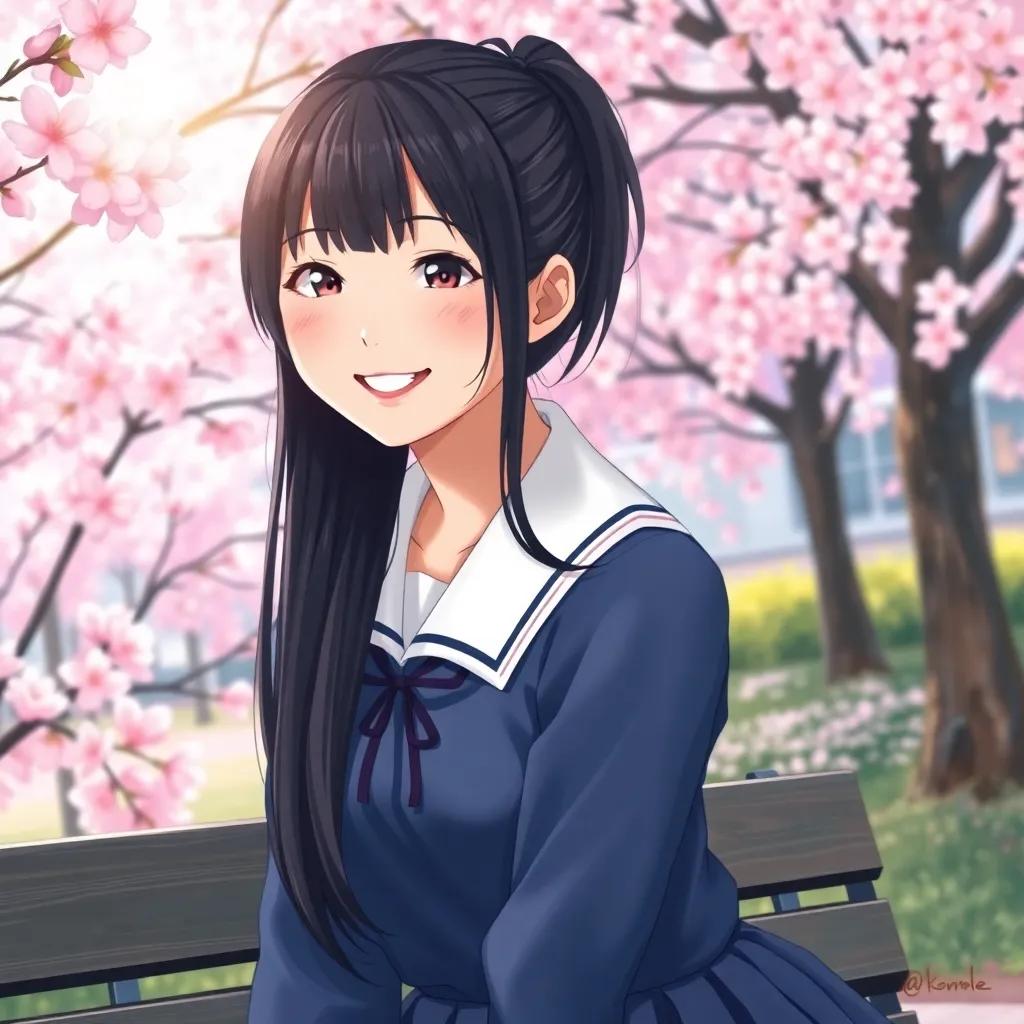 A beautiful Japanese girl, Sakura, with long black hair tied in a ponytail, wearing a school uniform, sitting on a bench in a school garden surrounded by cherry blossoms, smiling brightly, pastel colors, welcoming light, warm perspective, vibrant quality