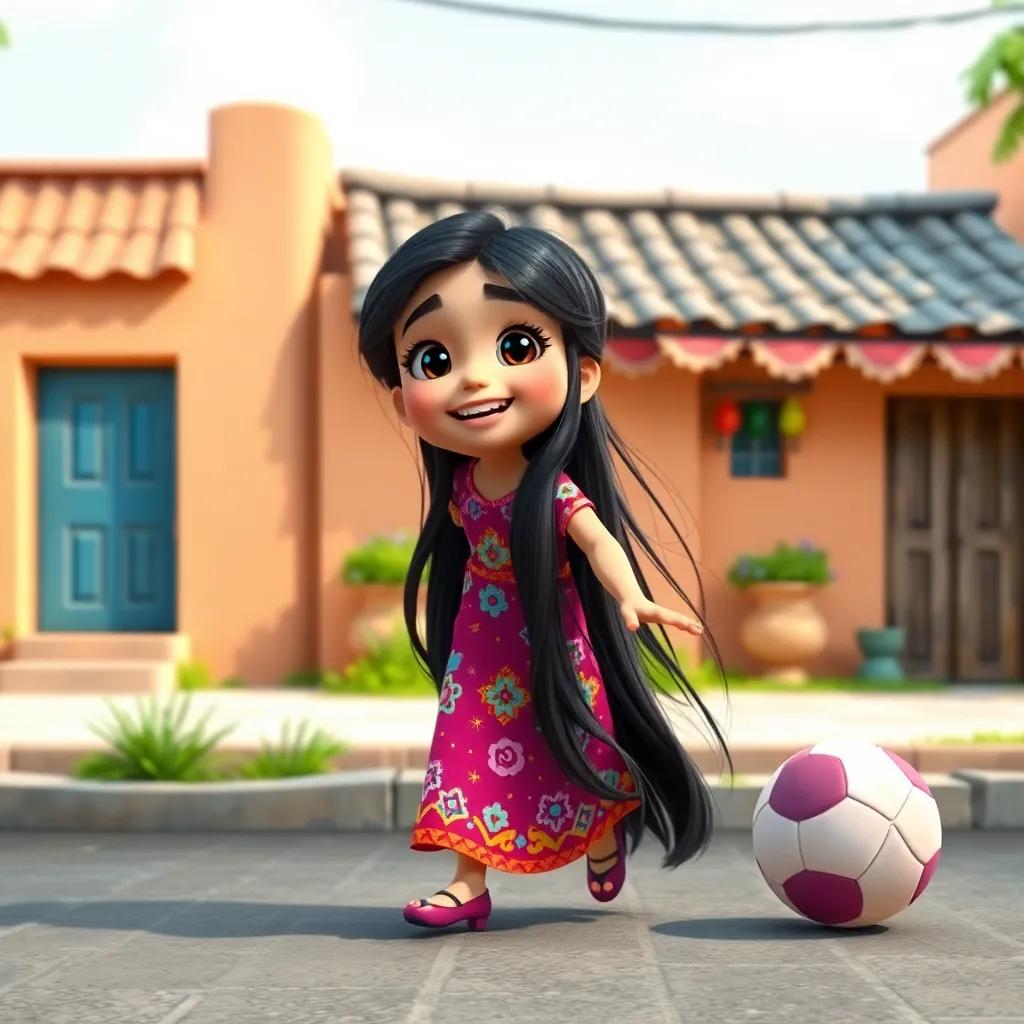 A young Arab girl, Leila, with long, dark hair wearing a colorful dress, playing with a ball in the street in front of a simple house, cheerful and lively atmosphere, digital art, bright colors, joyful scene, high quality