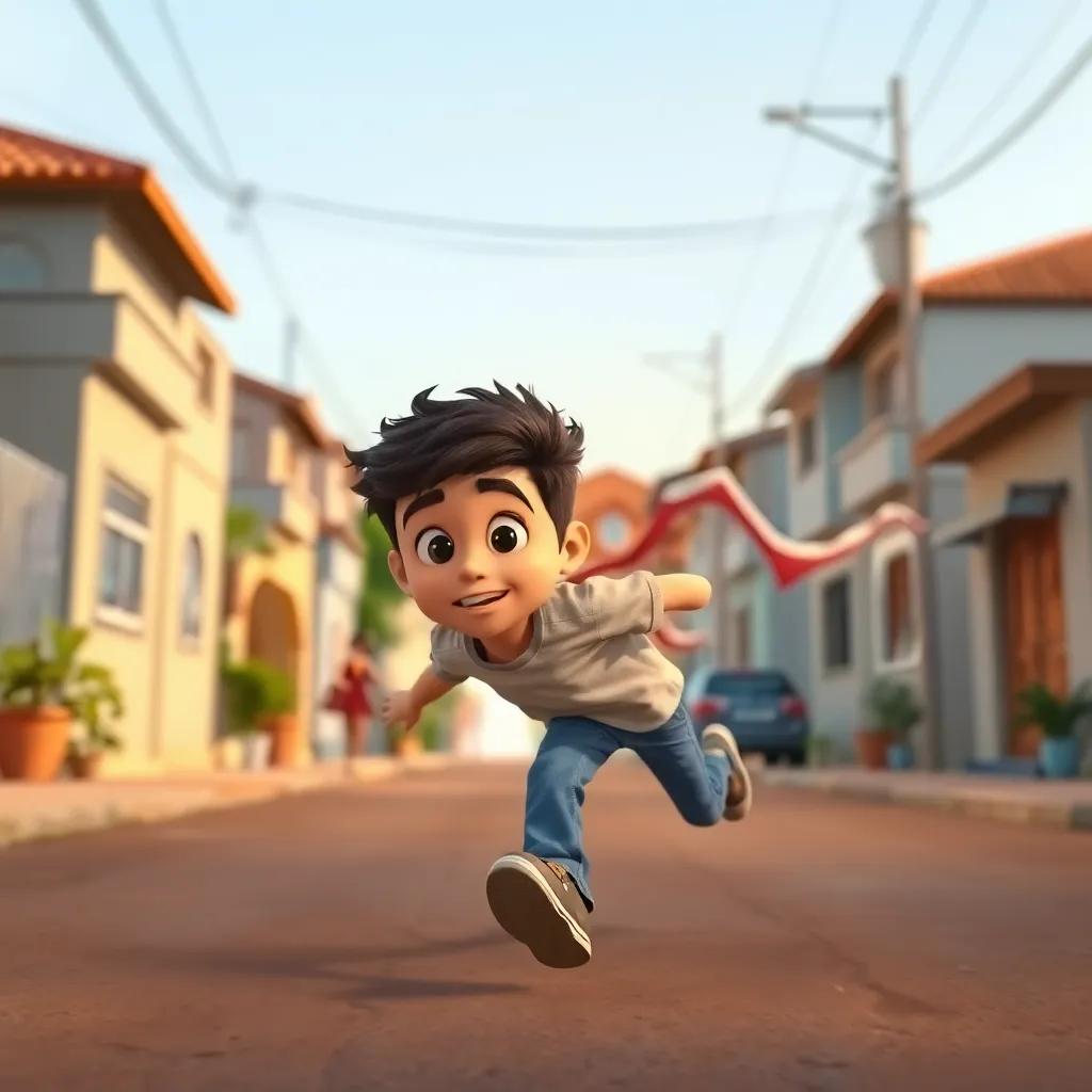 A young Arab boy, Sam, with short, dark hair wearing a t-shirt and jeans, rushing towards Leila, full of concern and caring expression, street background with houses, dynamic scene, warm light, animated style, high quality