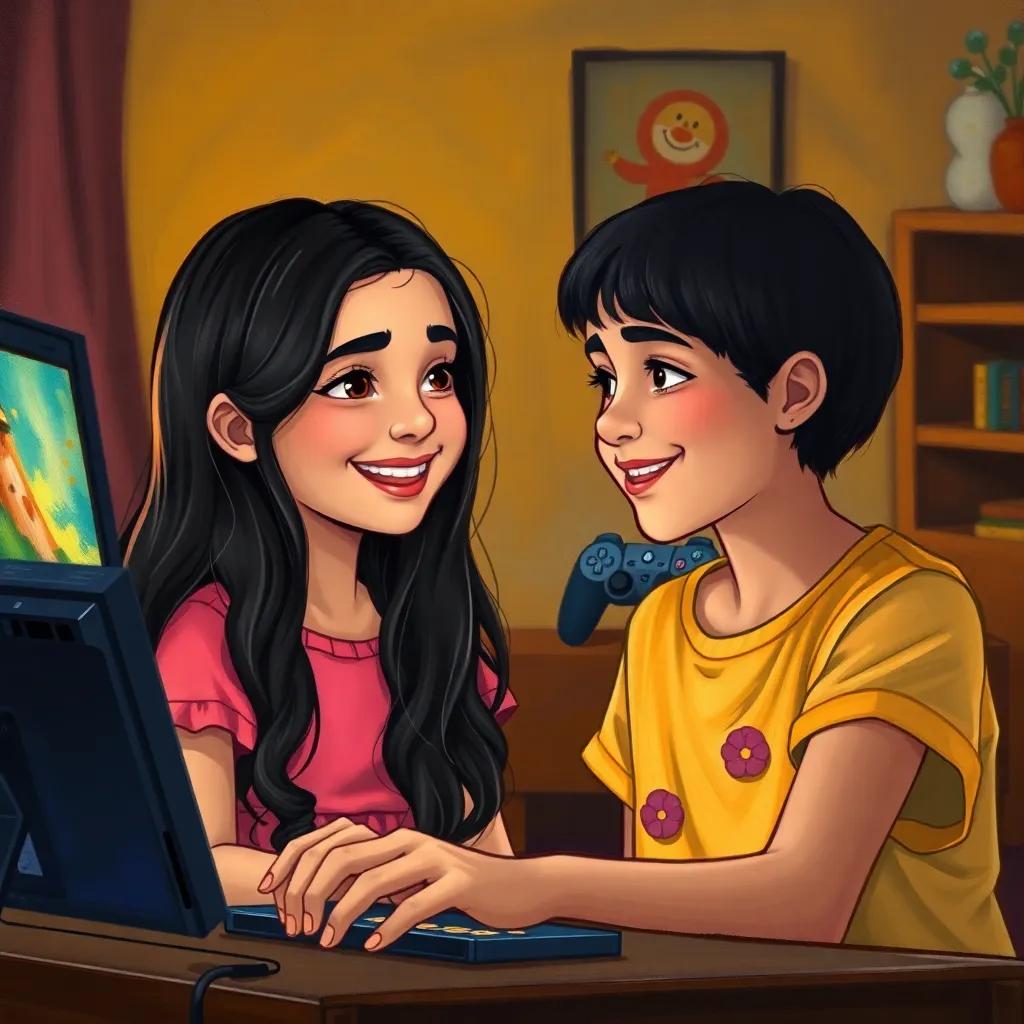 A young Arab girl, Rima, with long, dark hair, wearing a bright dress, smiling and looking at Yazid over a gaming console, warm light, friendly environment, illustration, engaging, joyous expression