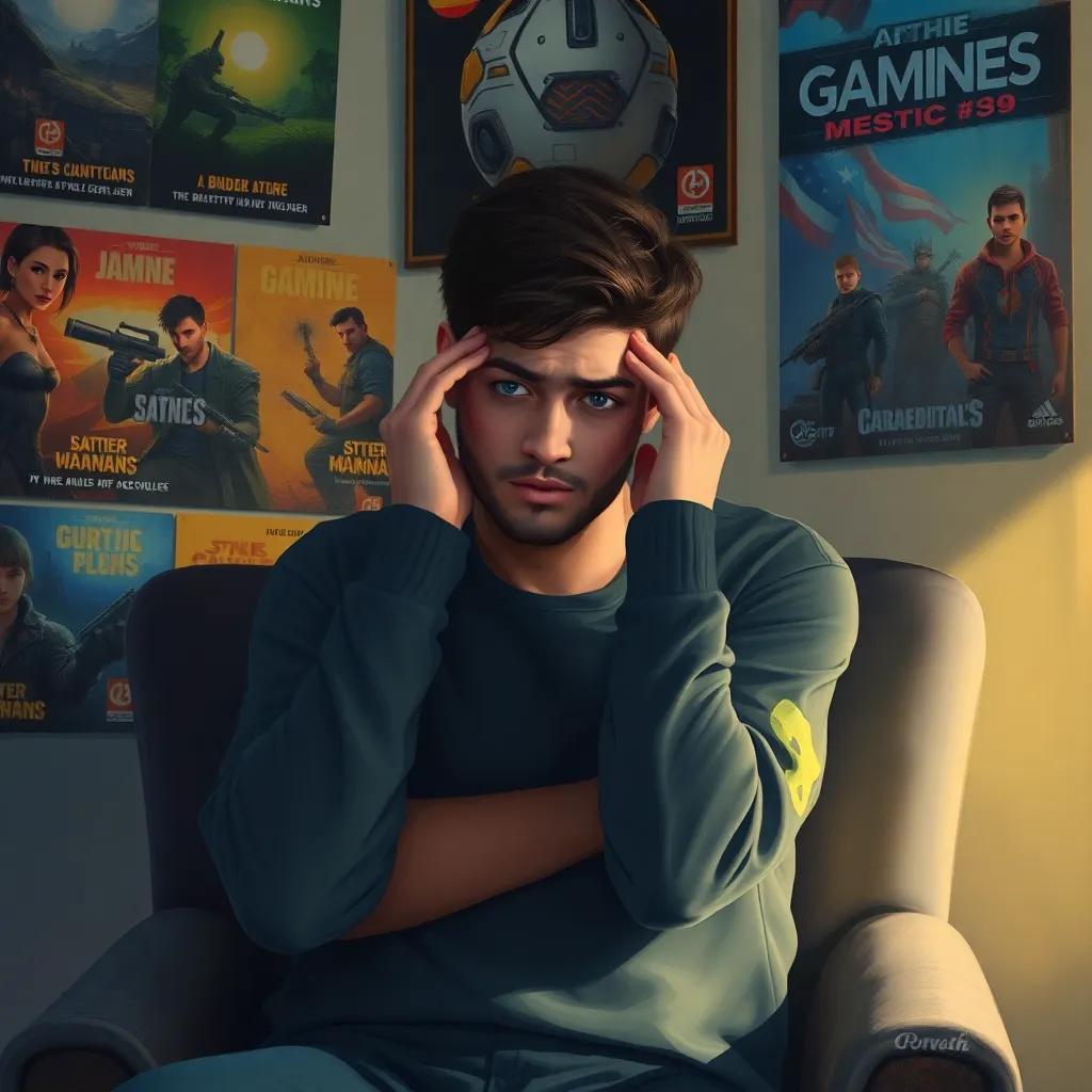 Yazid looking anxious, sitting on a chair, with his hands on his cheeks, thinking about his feelings, surrounded by gaming posters, soft light, introspective mood, digital painting, thoughtful