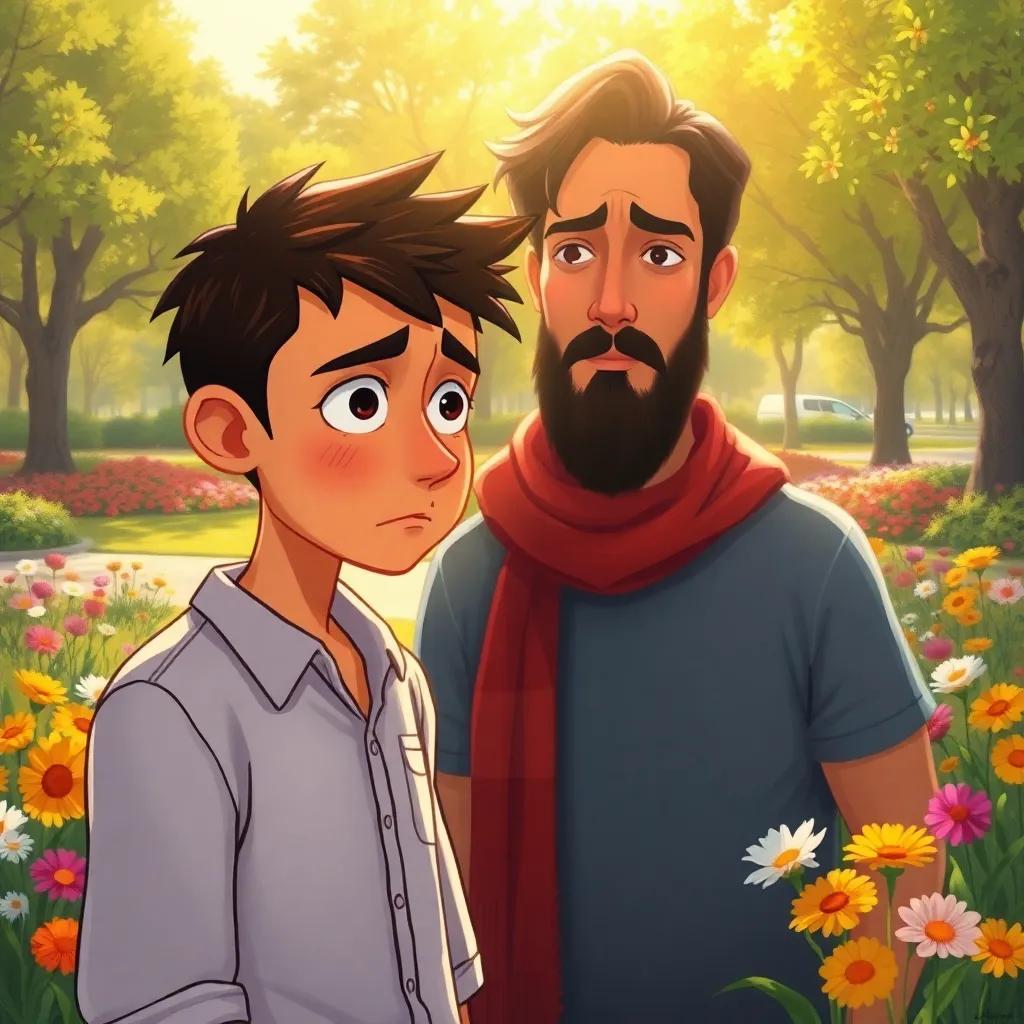Yazid, looking worried, standing in front of Rima with an apologetic expression, in a sunny park, colorful flowers around, sunlight illuminating their faces, illustration, emotional