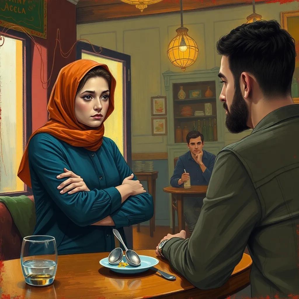 Rima, crossing her arms and looking disappointed at Yazid, in a cozy cafe, with warm colors, soft textures, capturing the moment of confrontation, digital art, engaging