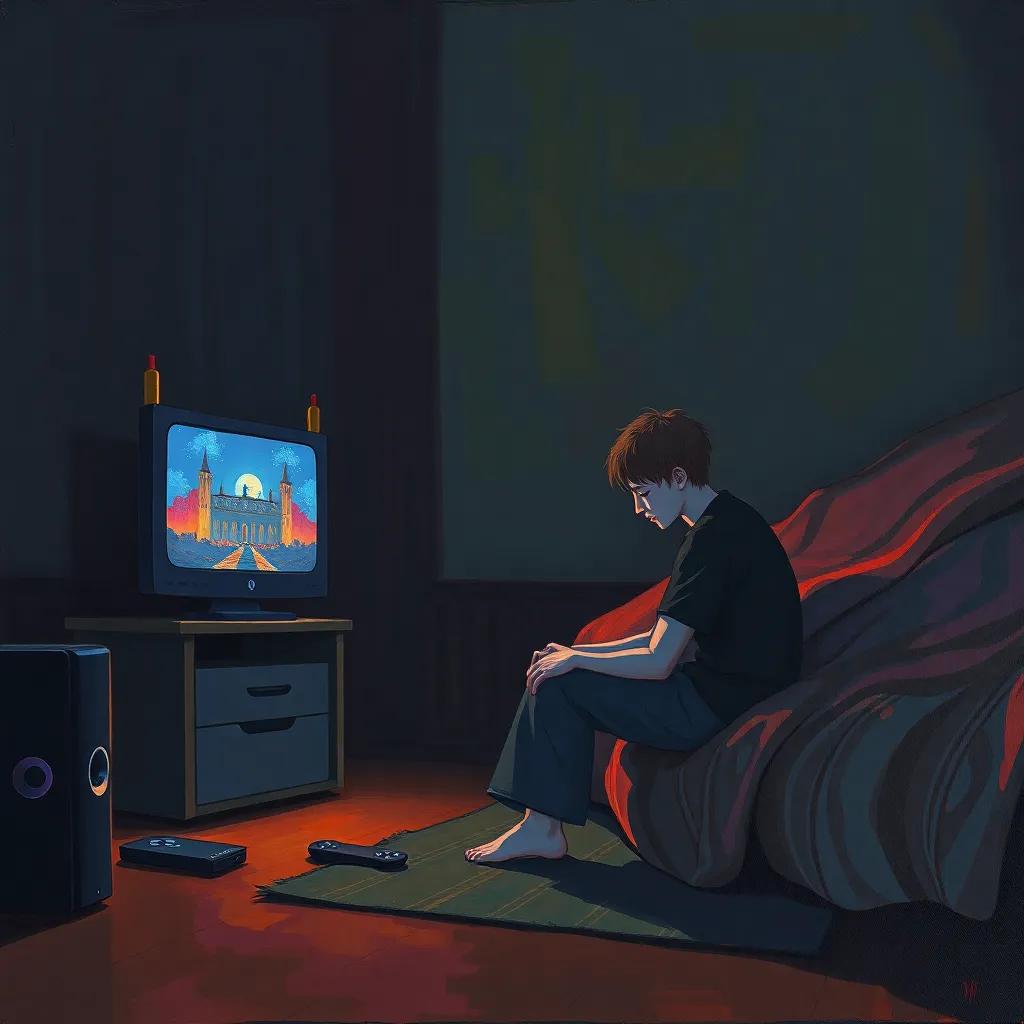 A scene of Yazid sitting alone in his room, gaming console beside him, dark atmosphere, reflecting sadness, soft shadows, illustration, deep feeling