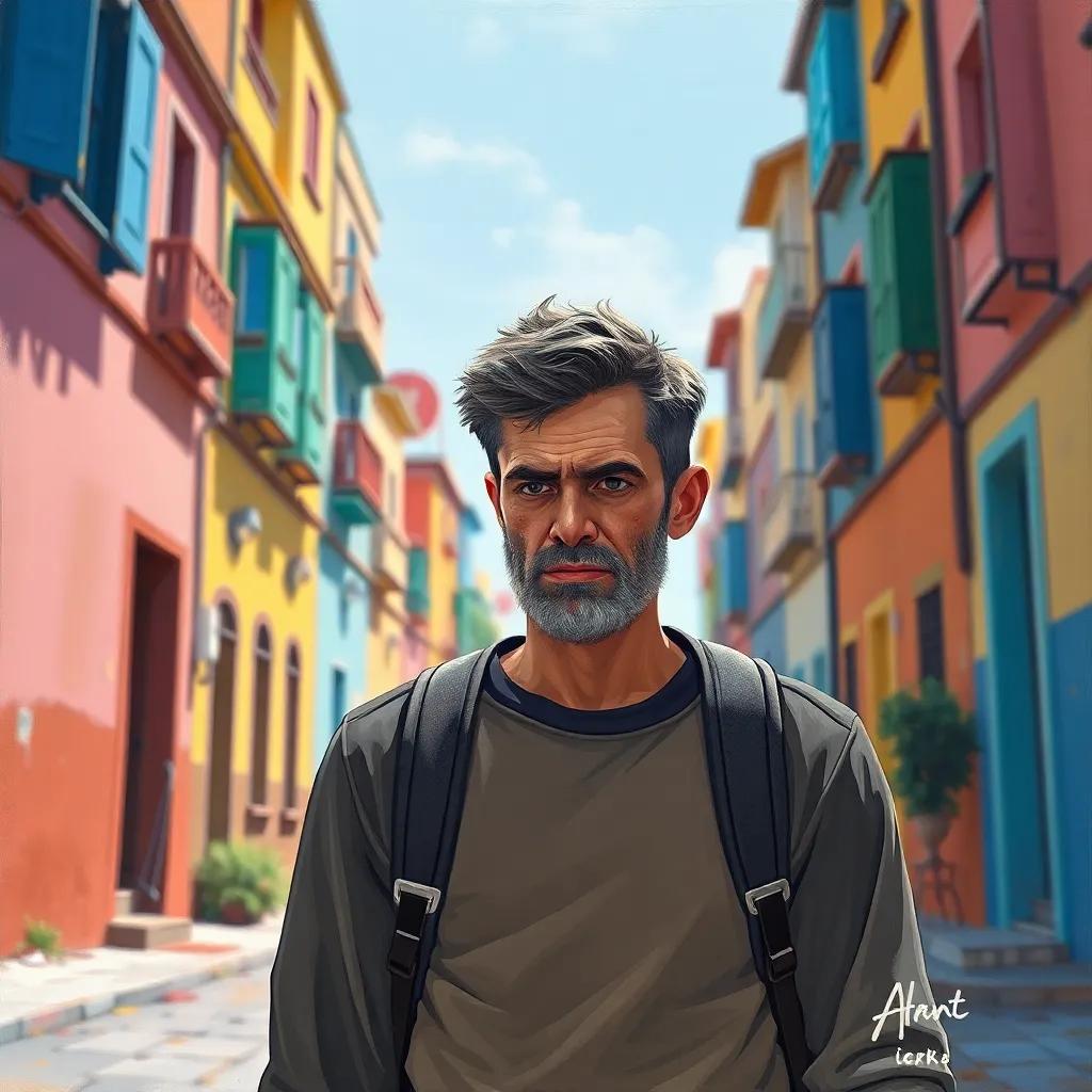 Yazid looking determined, walking towards Rima with an honest expression, in a vibrant neighborhood, colorful buildings around, bright sunlight, digital art, hopeful