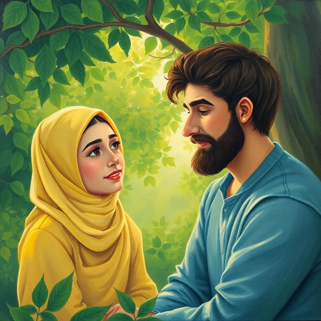 Rima listening to Yazid attentively, with a soft smile, in a serene setting, with green trees around, gentle light, nurturing atmosphere, illustration