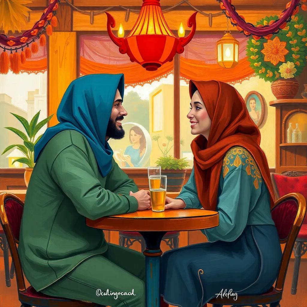 Yazid and Rima sitting at a table, looking at each other with smiles, in a cozy cafe with colorful decorations, warm colors, feeling of connection, digital painting, inviting