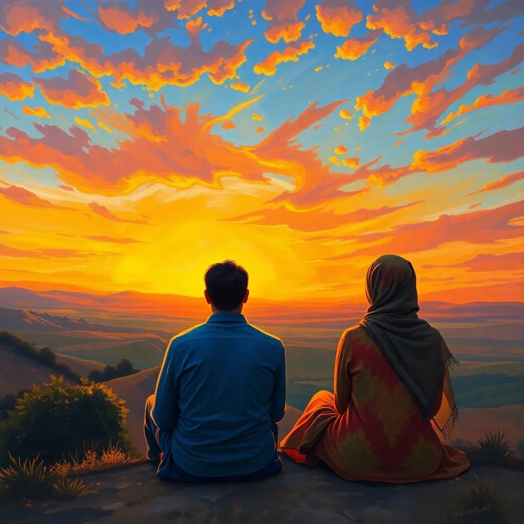 A beautiful sunset with Yazid and Rima sitting side by side, looking at the horizon, surrounded by a scenic landscape, warm tones, inspirational, high quality