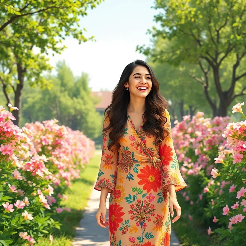 A young Arab woman, رنا, with long wavy hair, wearing a colorful dress, laughing happily while walking in a sunlit park, surrounded by blooming flowers and green trees, illustration, cheerful, bright colors, friendly atmosphere, high quality