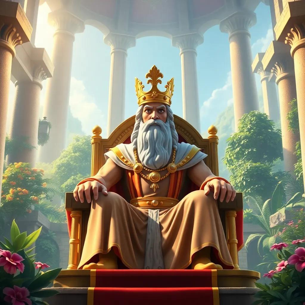 A powerful king, Zeus, with a golden crown and regal robes, sitting on a grand throne in a magnificent castle, surrounded by lush gardens, digital art, vibrant colors, bright and royal atmosphere, high quality