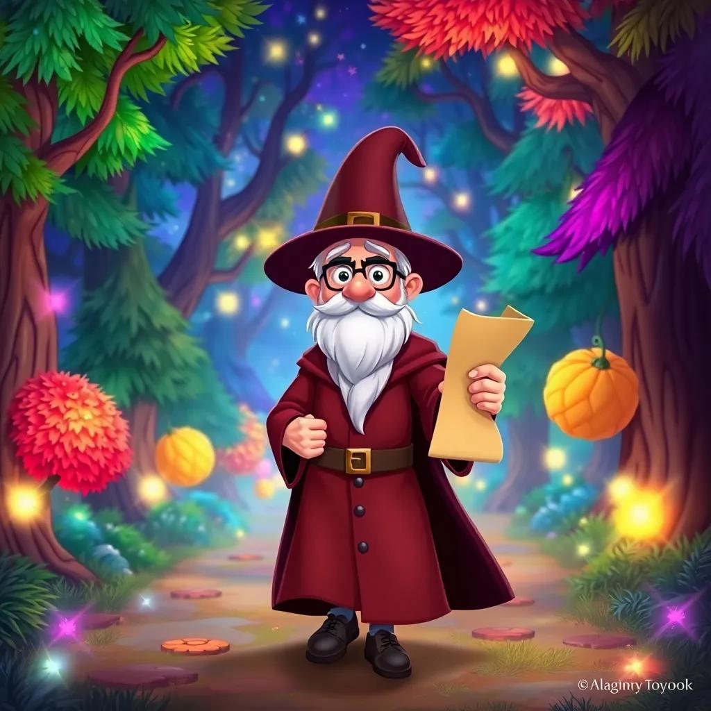 A wise minister, with a scroll in hand, walking through a mystical forest filled with colorful trees and sparkling lights, looking determined, illustration, cheerful, adventure-themed, child-friendly