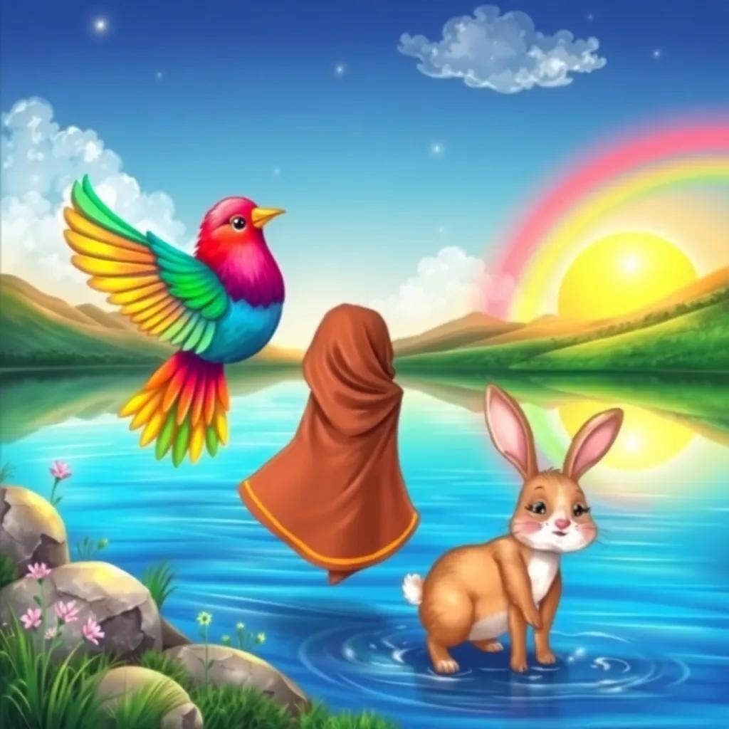 A colorful bird, Layla, with vibrant feathers, flying beside Noor and a happy rabbit, Waheed, as they approach a magical lake reflecting rainbow colors, children's illustration, lively colors, inviting scene, high quality